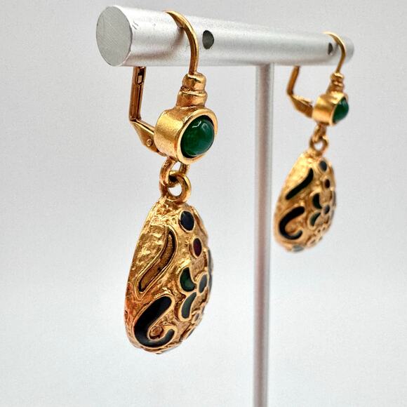 Vintage Faux Gripoix Turkish Style Enamel Dangle Earrings Ornate Leverback Chic - Picture 7 of 11